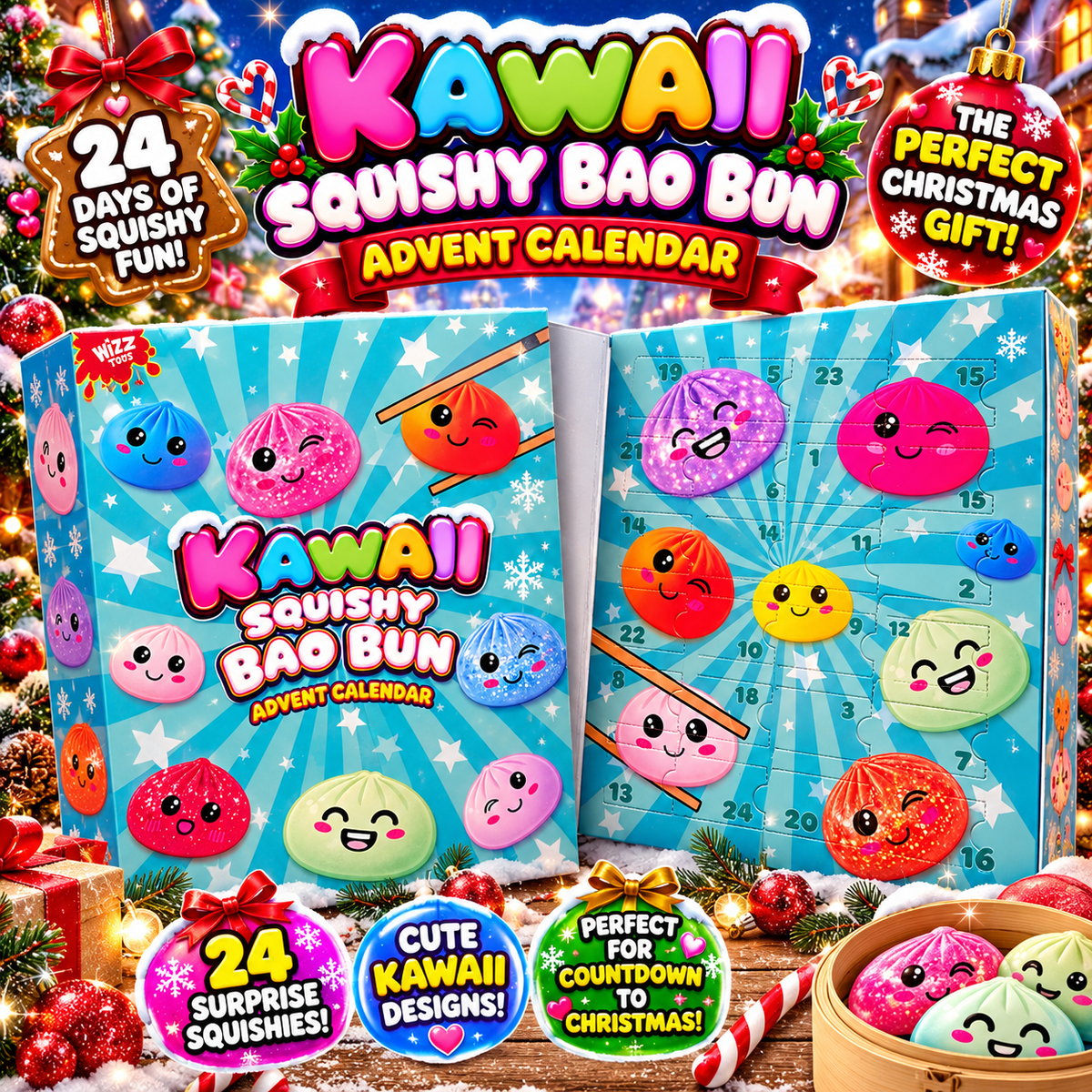 Kawaii Squishy Bao Bun Advent Calendar – 24 Days of Squishy Surprises! 🎁🌈