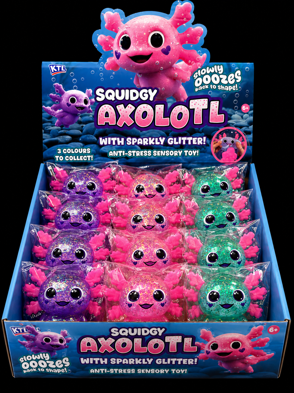 KTL Squishy Sugar Axolotl with Sparkly Glitter Anti-Stress Sensory Toy in 3 Colours for Kids